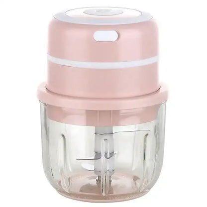 Modern light blue electric food chopper with pink and white compact design and clear glass bowl for kitchen use