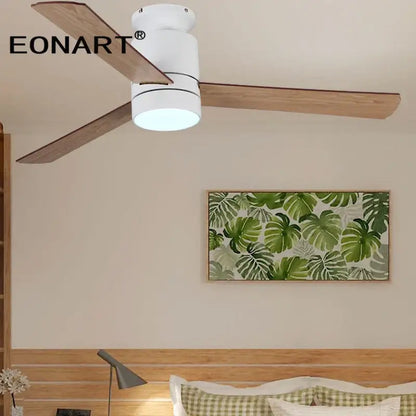 White cylindrical ceiling fan with three wooden blades and integrated lighting 40 inch led ceiling fan with remote control