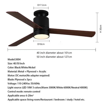 Modern light brown 40 inch led ceiling fan with remote control featuring black body, three dark wood blades, and central light fixture