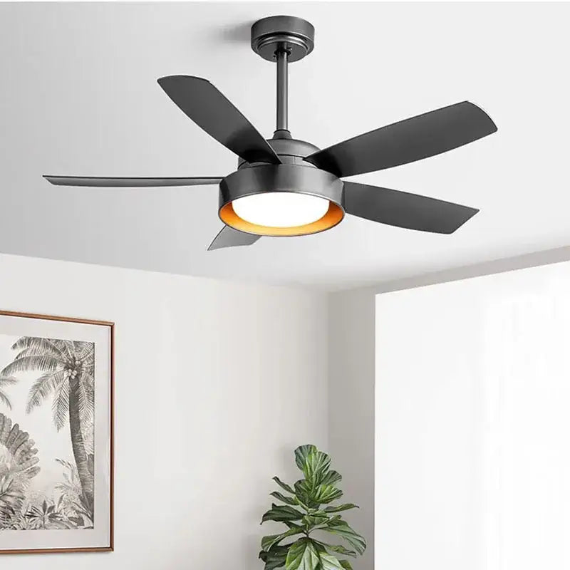Modern black ceiling fan with five blades and warm led light featuring remote control for bedroom use