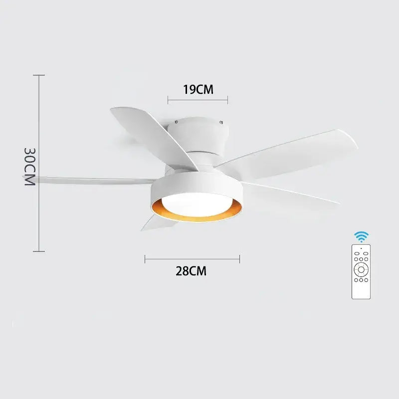 Modern light wood 5-blade ceiling fan with white integrated led light and remote control for bedroom use