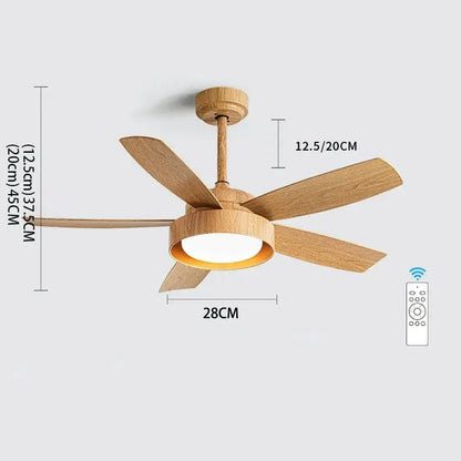 Modern light wood finish 5-blade ceiling fan with integrated led light and remote control for bedroom use