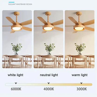 Modern light wood 5-blade ceiling fan with remote control and led light fixture for bedroom use