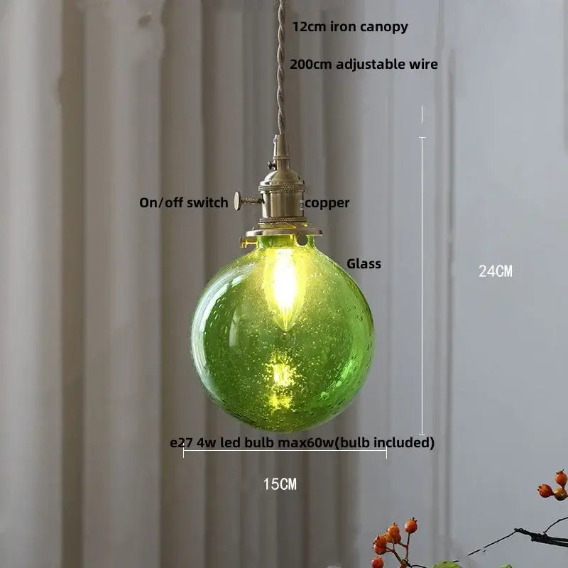 Modern lime and teal bubble glass ball pendant light with green glass globe and copper hardware for living room decorbites bubble glass