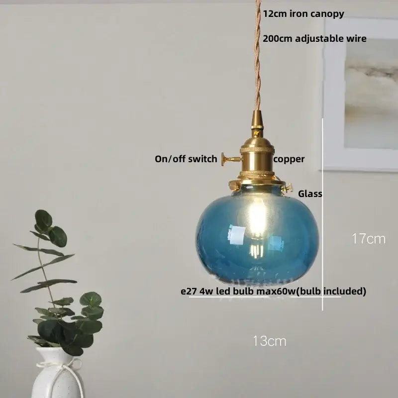 Modern lime and teal bubble glass ball pendant light with blue glass and brass copper fixture for living room decorbites bubble glass decor