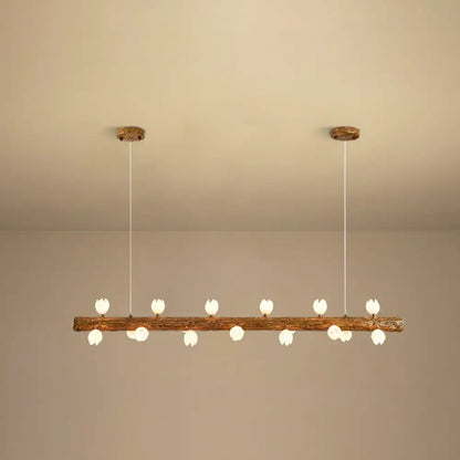 Decorbites brown modern linear island pendant metal lamp with rustic wooden log frame and white tulip-shaped bulbs