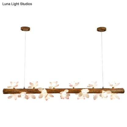 DecorBites brown modern linear island pendant metal lamp with rustic wooden branch and white flower-shaped lamps