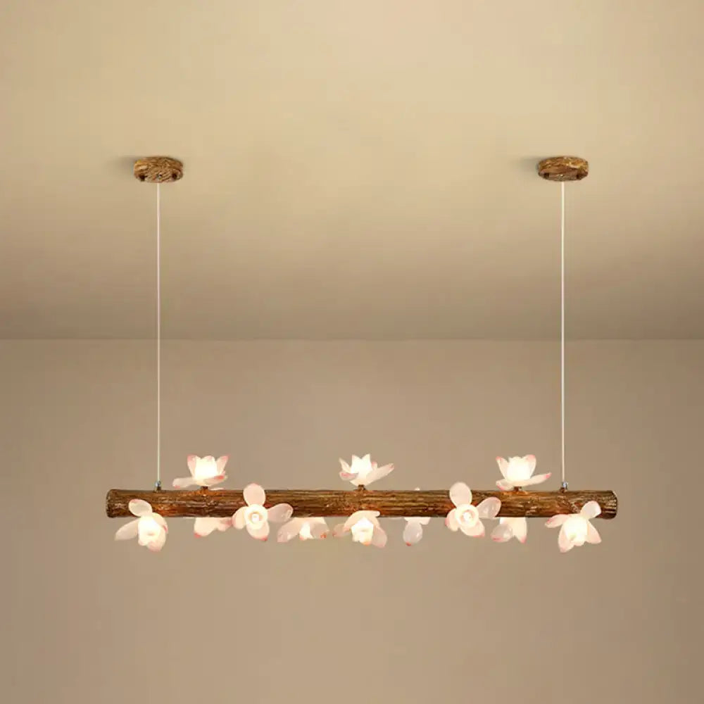 Rustic wooden log pendant light with white flower-shaped lamps in brown modern linear metal island pendant lamp decorbites