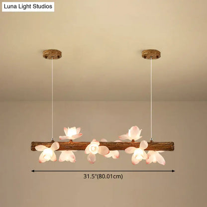 DecorBites brown modern linear island pendant metal lamp with rustic wooden branch and pink lotus flower fixtures