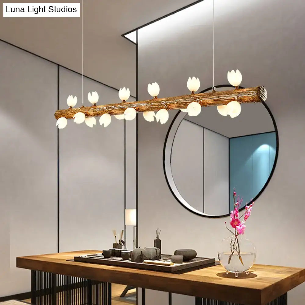 Rustic wooden branch chandelier with white tulip-shaped glass bulbs in decorbites brown modern linear pendant lamp