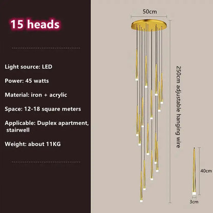Modern loft black led stair chandelier featuring a gold-toned iron base with 15 vertical led light heads by decorbites loft black