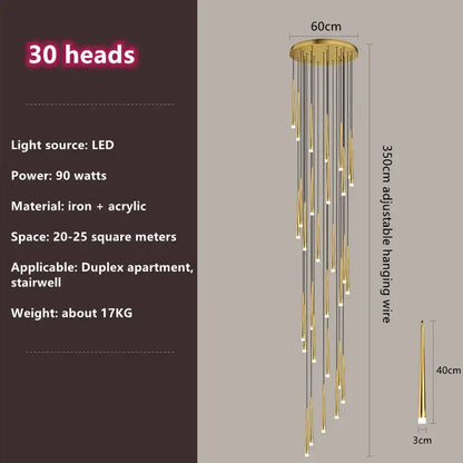 Modern loft black led stair chandelier with 30 gold-toned slender led heads on circular iron base decorbites loft black design