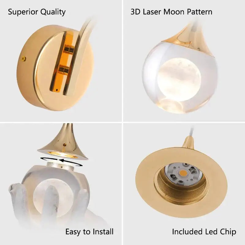 Modern luxurious crystal led gold pendant light with 3d laser moon pattern and clear glass globe for bedroom
