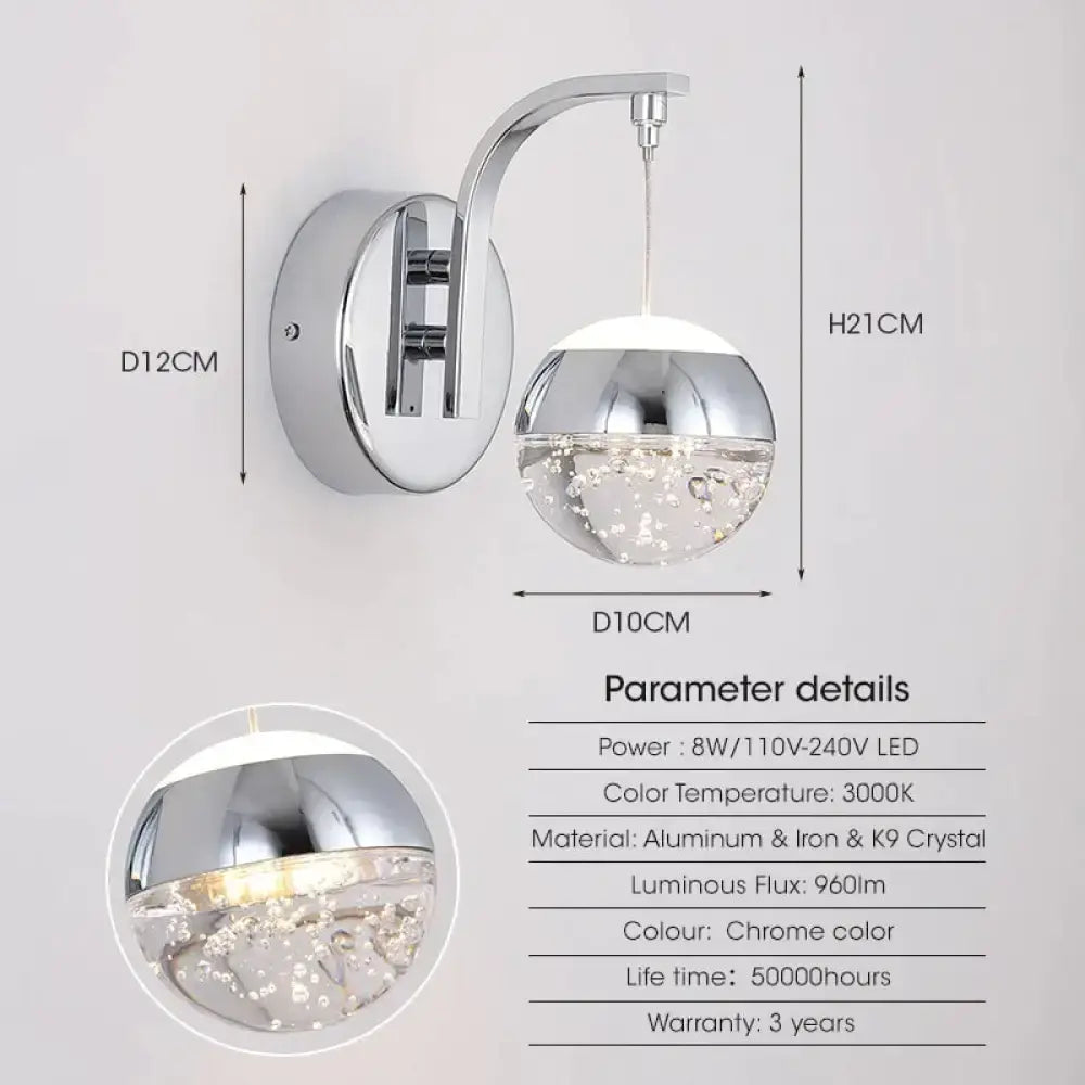 Modern luxurious crystal led wall sconce with chrome finish clear glass globe and floating crystal bubbles for bedroom