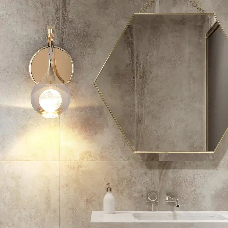 Modern luxurious crystal led wall sconce gold curved lamp with frosted glass globe for elegant bedroom lighting