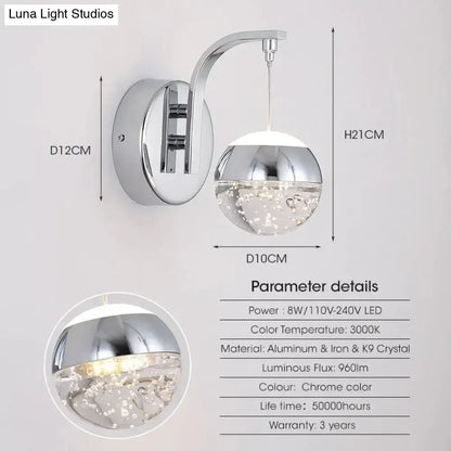 Modern luxurious crystal led wall sconce with chrome finish and floating crystal bubbles for bedroom lighting