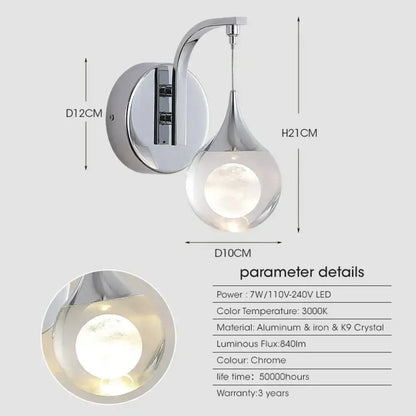 Modern luxurious crystal led wall sconce with chrome finish and teardrop-shaped crystal glass shade for bedroom lighting