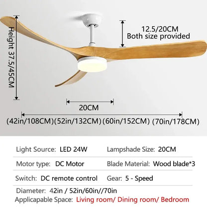 Modern luxury wooden ceiling fan with three light-colored wooden blades and white central housing for living room
