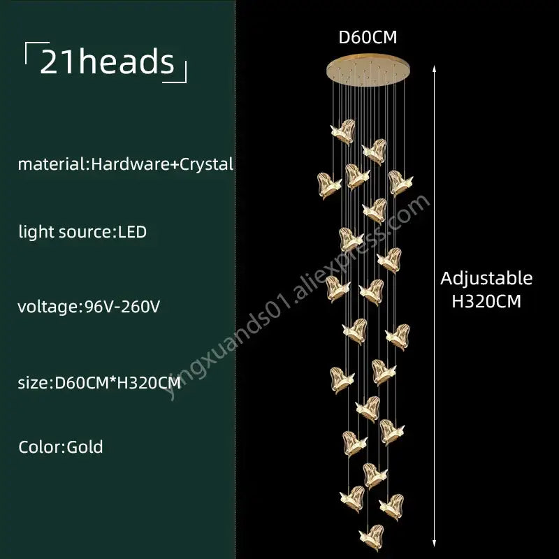 Modern luxury butterfly gold decorbites crystal chandelier with 21 bird-shaped crystal heads for living room lighting