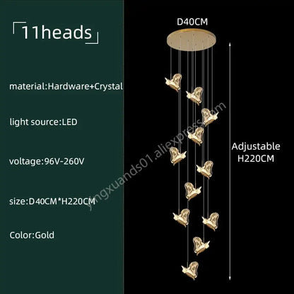 Gold-colored 11-head decorbites crystal chandelier with bird-shaped fixtures for modern luxury living room decor