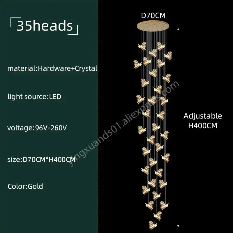Modern luxury gold decorbites crystal chandelier with 35 butterfly-shaped crystal heads for living room decor