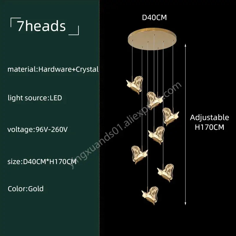 Modern luxury gold decorbites crystal chandelier with seven heads and bird-shaped crystal pendants for living room