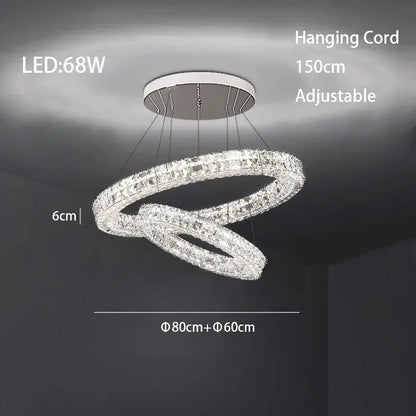 A modern luxury chrome decorbites crystal led chandelier with double rings and clear crystal accents for dining room