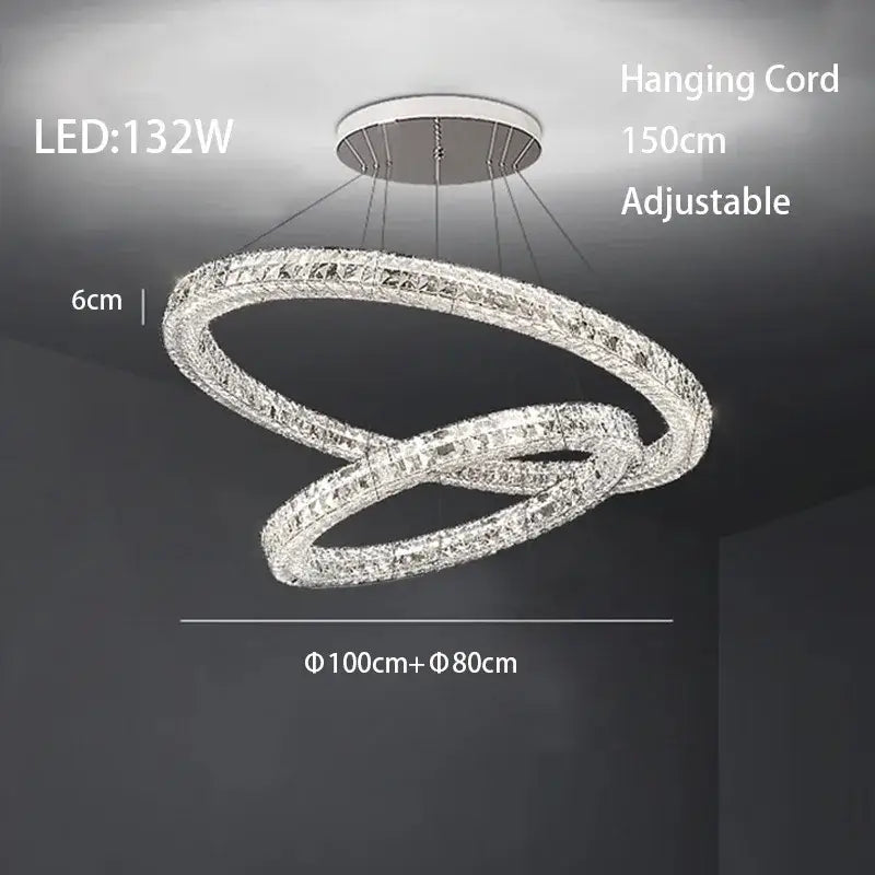 A modern luxury chrome decorbites crystal led chandelier with double rings and clear crystal accents for dining rooms