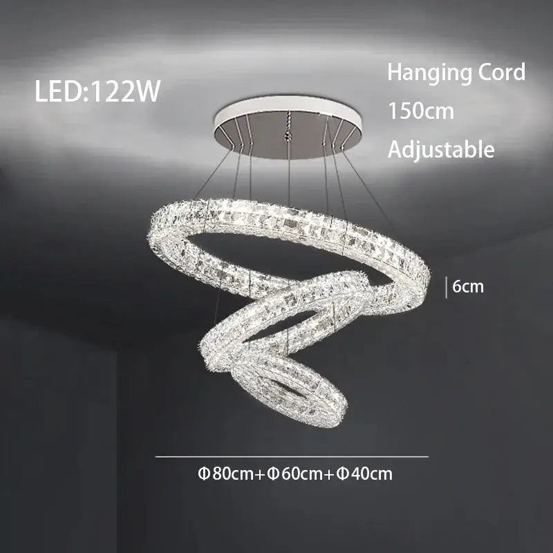 A modern luxury decorbites crystal led chandelier with three interlocking crystal rings and white ceiling mount