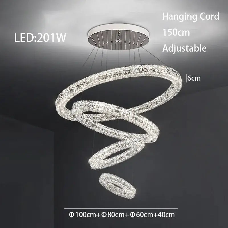 A modern luxury decorbites crystal led chandelier with interlocking crystal rings and chrome finish for dining room