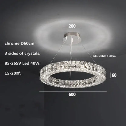 Modern luxury chrome decorbites crystal led chandelier with three-sided clear crystals 60cm diameter 150cm adjustable length