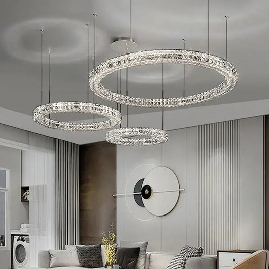 Three tiered modern luxury chrome decorbites crystal led chandeliers with circular design for dining room lighting