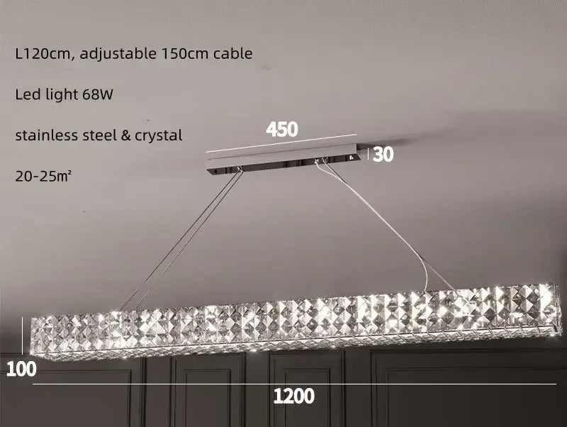 A modern luxury rectangular decorbites crystal led chandelier with a chrome frame and sparkling crystal accents for dining room