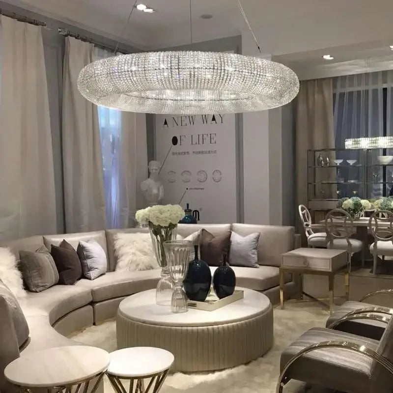 A large modern luxury crystal circle chandelier pendant light with sparkling crystals for living room decorbites decor