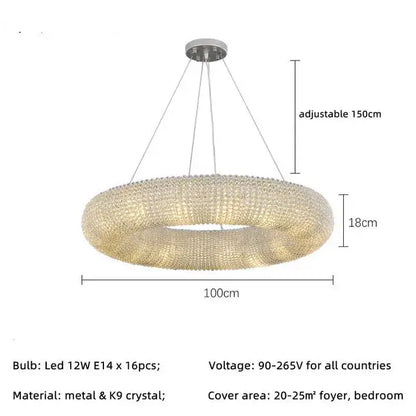 Modern luxury crystal circle chandelier pendant light with metallic frame and warm k9 crystal beads decorbites pendant light