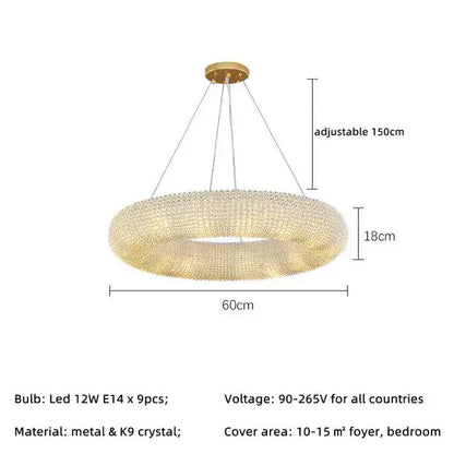 Gold-toned modern luxury crystal circle chandelier pendant light with intricate k9 crystal decorbites circle design