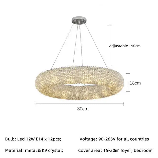 Modern luxury crystal circle chandelier pendant light with metallic frame and intricate k9 crystals for living room decorbites