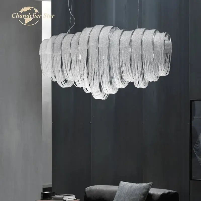 A modern luxury decorbites crystal circle led tassel chandelier with a sleek coiled design for living room decor