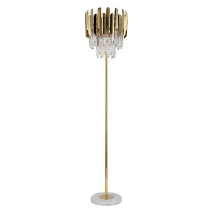 Elegant crystal gold floor lamp with vertical metallic plates and clear crystal droplets on a white marble base