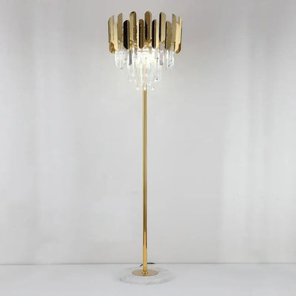 Modern luxury crystal gold floor lamp with slender pole, crystal droplets, and vertical metallic slats decorbites crystal gold