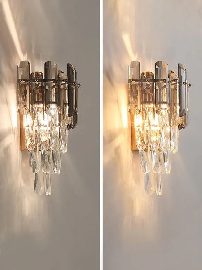 Modern luxury crystal gold led wall sconce with metallic frame and clear crystal droplets for bedroom decorbites crystal gold
