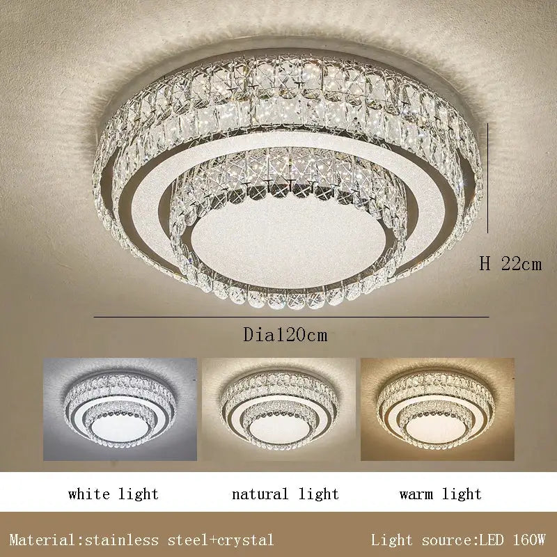 Modern luxury crystal led ceiling lamp featuring stainless steel frame with two clear crystal rings in white or warm led lighting