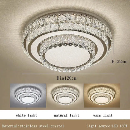Modern luxury crystal led ceiling lamp featuring stainless steel frame with two clear crystal rings in white or warm led lighting