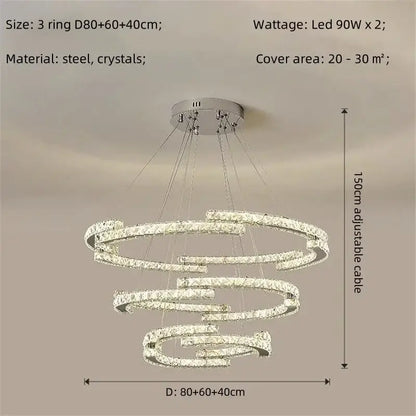 Modern luxury three-tiered crystal led chandelier with chrome steel frame and sparkling accents for foyer pendant light decorbites crystal led