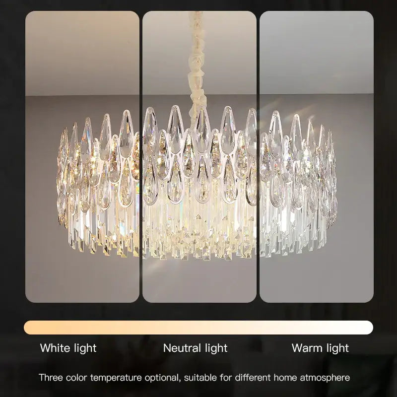 Modern luxury decorbites crystal led chandelier with teardrop glass prisms and braided white cord suspension