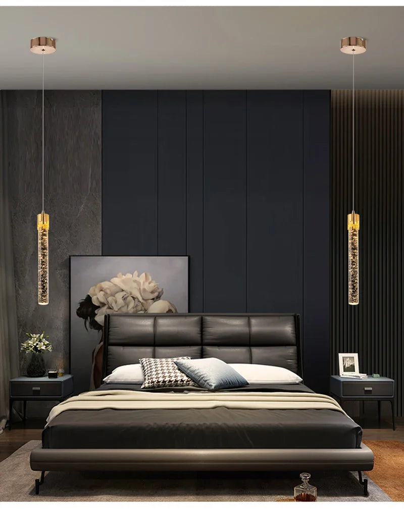 Black leather tufted bed with sleek modern design and minimalist nightstands for luxury crystal pendant lamps decor