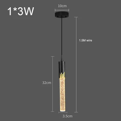 Black and gold modern luxury crystal pendant lamp with cylindrical glass body filled with sparkling beads for home decor