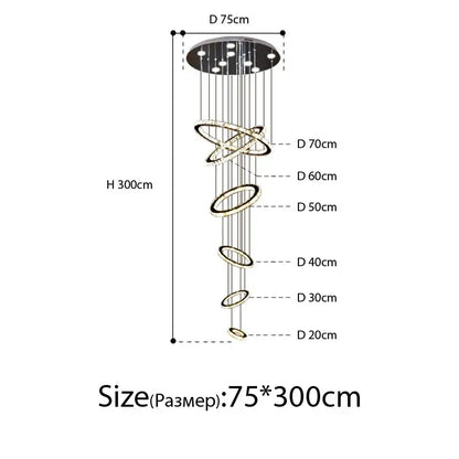 A modern luxury decorbites crystal rings chandelier with tiered concentric rings and circular ceiling mount for staircase lighting