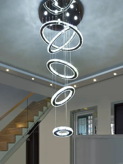 Modern luxury decorbites crystal rings chandelier with glowing circular rings for staircase lighting fixture