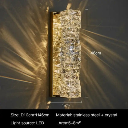 Modern luxury gold and crystal led wall light with rectangular stacked faceted crystals in stainless steel frame